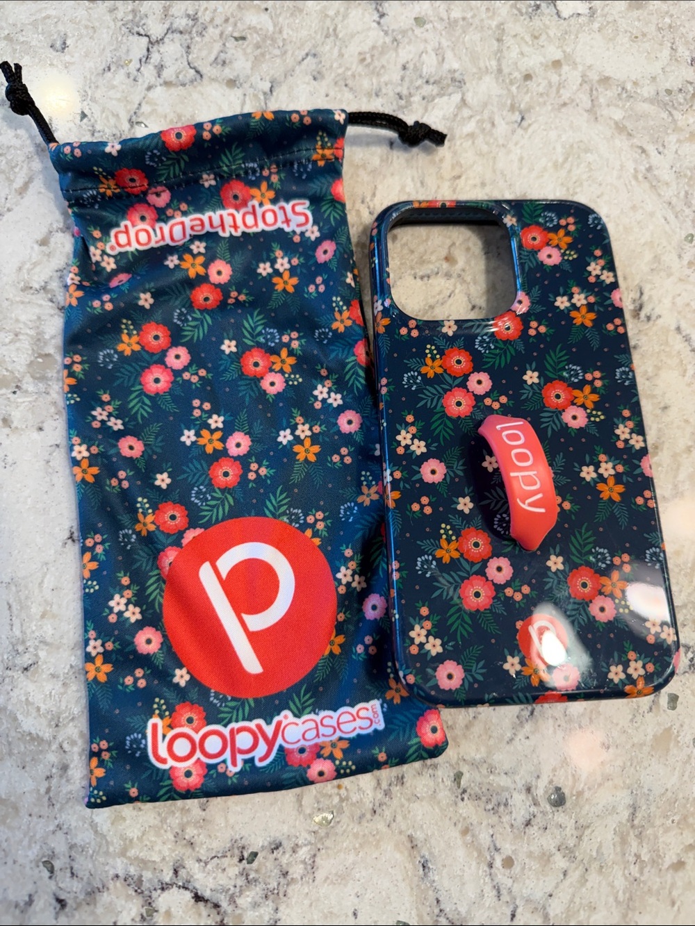 Loopy Case iPhone 13 Pro Navy Floral Phone Case w Coral Loop and Matching Pouch